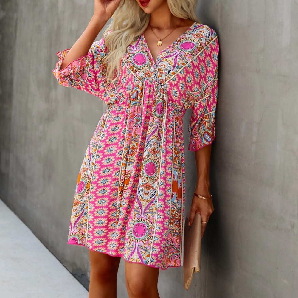 Boho Blue Orange Paisley V neck Gypsy Mini Dress - Picture 6 of 16